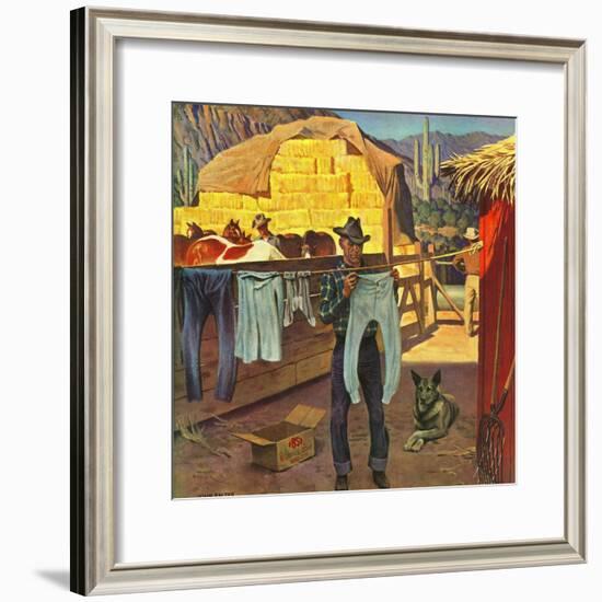 "Cowboy Hanging Out His Laundry," March 1, 1947-John Falter-Framed Giclee Print