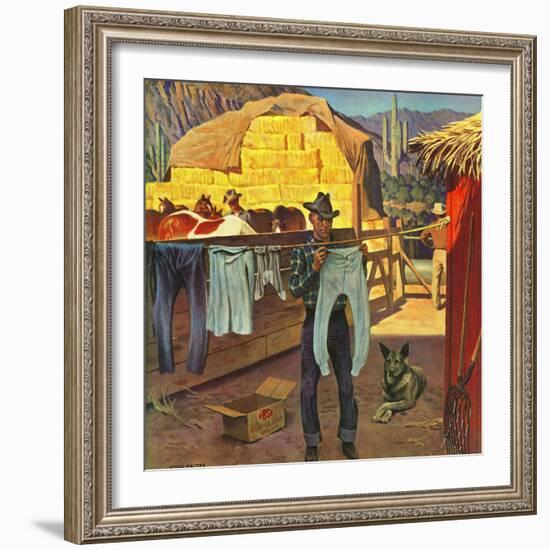 "Cowboy Hanging Out His Laundry," March 1, 1947-John Falter-Framed Giclee Print