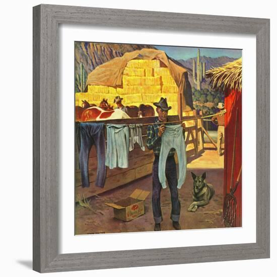 "Cowboy Hanging Out His Laundry," March 1, 1947-John Falter-Framed Giclee Print