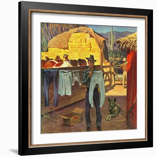 "Cowboy Hanging Out His Laundry," March 1, 1947-John Falter-Framed Giclee Print