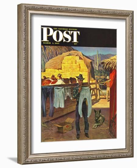 "Cowboy Hanging Out His Laundry," Saturday Evening Post Cover, March 1, 1947-John Falter-Framed Giclee Print