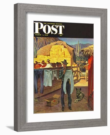 "Cowboy Hanging Out His Laundry," Saturday Evening Post Cover, March 1, 1947-John Falter-Framed Giclee Print