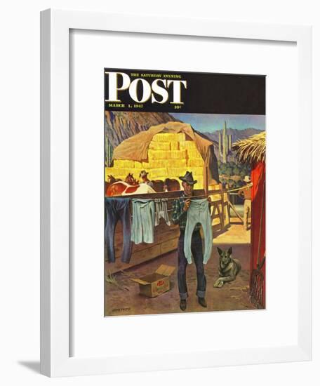 "Cowboy Hanging Out His Laundry," Saturday Evening Post Cover, March 1, 1947-John Falter-Framed Giclee Print