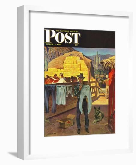 "Cowboy Hanging Out His Laundry," Saturday Evening Post Cover, March 1, 1947-John Falter-Framed Giclee Print