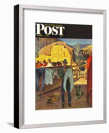 "Cowboy Hanging Out His Laundry," Saturday Evening Post Cover, March 1, 1947-John Falter-Framed Giclee Print