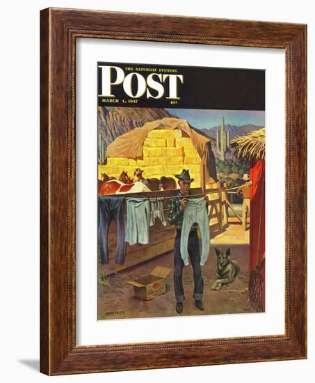 "Cowboy Hanging Out His Laundry," Saturday Evening Post Cover, March 1, 1947-John Falter-Framed Giclee Print