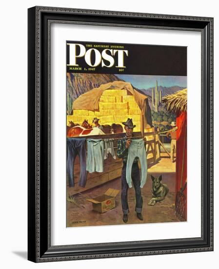 "Cowboy Hanging Out His Laundry," Saturday Evening Post Cover, March 1, 1947-John Falter-Framed Giclee Print