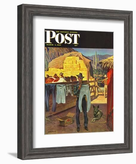 "Cowboy Hanging Out His Laundry," Saturday Evening Post Cover, March 1, 1947-John Falter-Framed Giclee Print