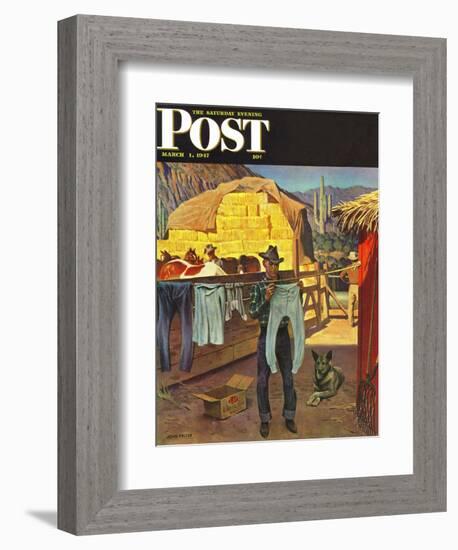 "Cowboy Hanging Out His Laundry," Saturday Evening Post Cover, March 1, 1947-John Falter-Framed Giclee Print