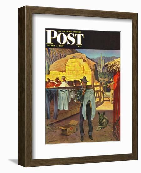"Cowboy Hanging Out His Laundry," Saturday Evening Post Cover, March 1, 1947-John Falter-Framed Giclee Print