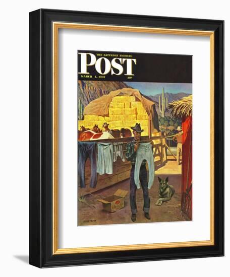 "Cowboy Hanging Out His Laundry," Saturday Evening Post Cover, March 1, 1947-John Falter-Framed Giclee Print