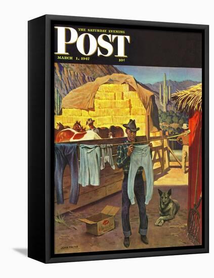 "Cowboy Hanging Out His Laundry," Saturday Evening Post Cover, March 1, 1947-John Falter-Framed Premier Image Canvas