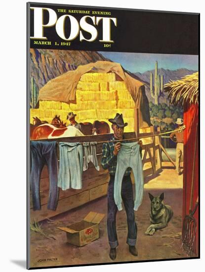 "Cowboy Hanging Out His Laundry," Saturday Evening Post Cover, March 1, 1947-John Falter-Mounted Premium Giclee Print