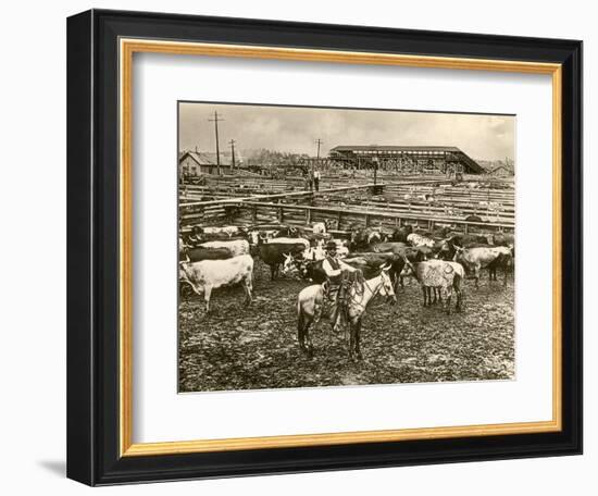 Cowboy Herding Cattle in the Railroad Stockyards at Kansas City Missouri 1890-null-Framed Premium Giclee Print