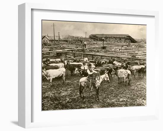 Cowboy Herding Cattle in the Railroad Stockyards at Kansas City Missouri 1890-null-Framed Giclee Print