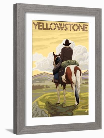 Cowboy & Horse, Yellowstone National Park-Lantern Press-Framed Art Print