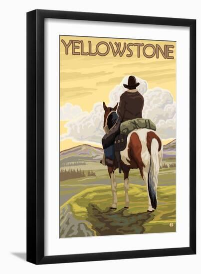 Cowboy & Horse, Yellowstone National Park-Lantern Press-Framed Art Print