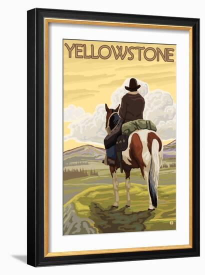 Cowboy & Horse, Yellowstone National Park-Lantern Press-Framed Art Print