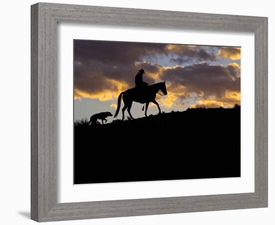 Cowboy in Silhouette with Sunset-Terry Eggers-Framed Photographic Print