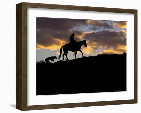 Cowboy in Silhouette with Sunset-Terry Eggers-Framed Photographic Print