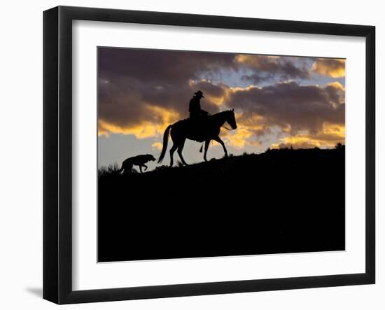 Cowboy in Silhouette with Sunset-Terry Eggers-Framed Photographic Print