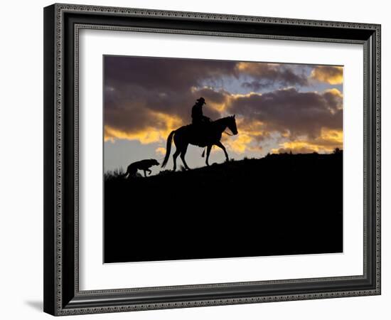 Cowboy in Silhouette with Sunset-Terry Eggers-Framed Photographic Print