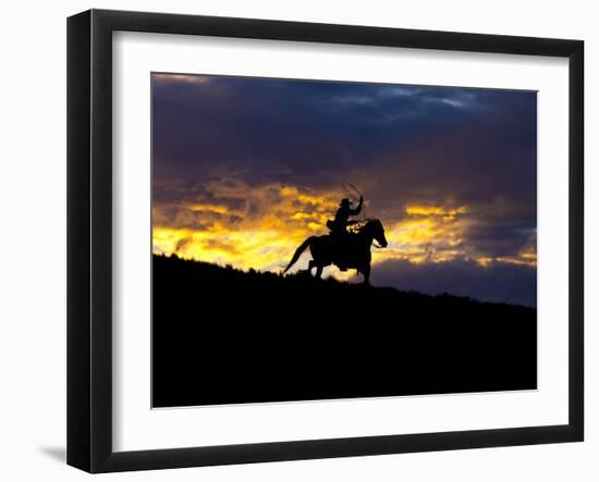 Cowboy in Silhouette with Sunset-Terry Eggers-Framed Photographic Print