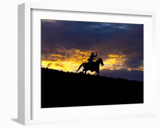 Cowboy in Silhouette with Sunset-Terry Eggers-Framed Photographic Print