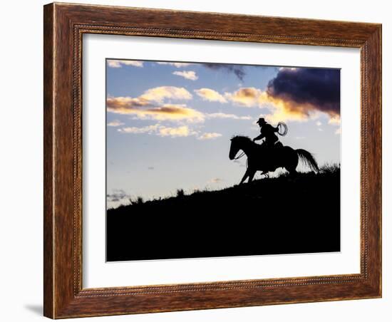 Cowboy in Silhouette with Sunset-Terry Eggers-Framed Photographic Print