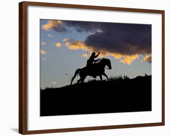 Cowboy in Silhouette with Sunset-Terry Eggers-Framed Photographic Print