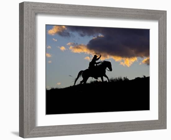 Cowboy in Silhouette with Sunset-Terry Eggers-Framed Photographic Print