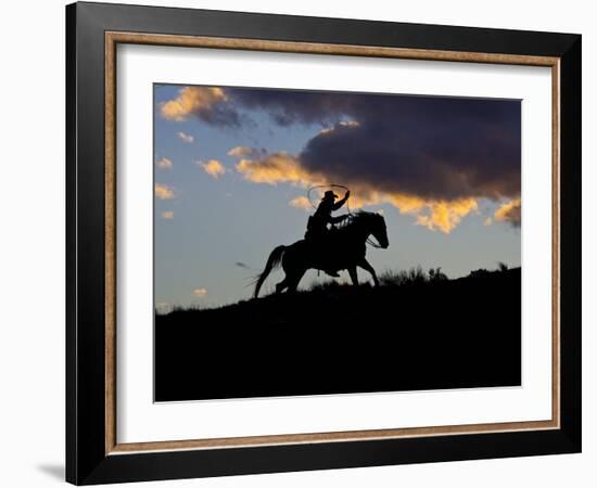 Cowboy in Silhouette with Sunset-Terry Eggers-Framed Photographic Print