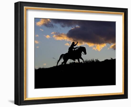 Cowboy in Silhouette with Sunset-Terry Eggers-Framed Photographic Print