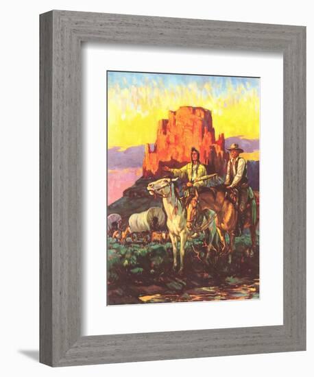 Cowboy, Indian, Covered Wagons-null-Framed Premium Giclee Print