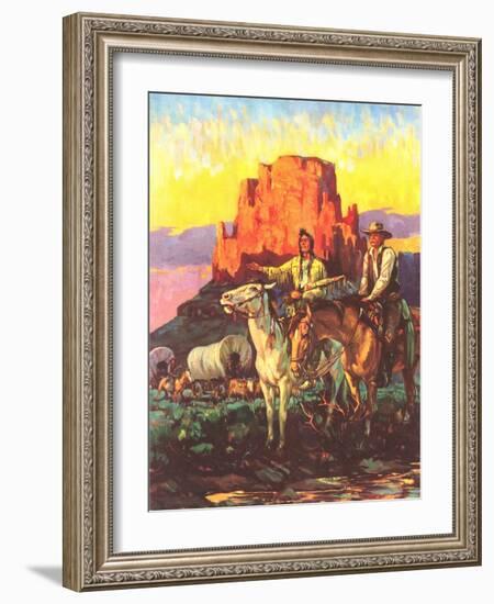 Cowboy, Indian, Covered Wagons-null-Framed Art Print