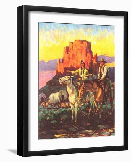 Cowboy, Indian, Covered Wagons-null-Framed Art Print