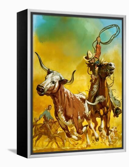 Cowboy Lassoing Cattle-Mcbride-Framed Premier Image Canvas