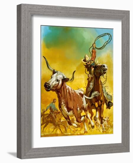 Cowboy Lassoing Cattle-Mcbride-Framed Giclee Print