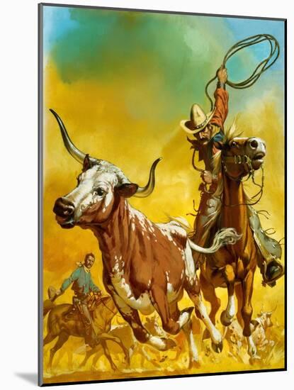 Cowboy Lassoing Cattle-Mcbride-Mounted Giclee Print