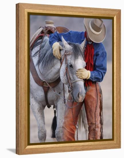 Cowboy Leading and Stroking His Horse, Flitner Ranch, Shell, Wyoming, USA-Carol Walker-Framed Premier Image Canvas