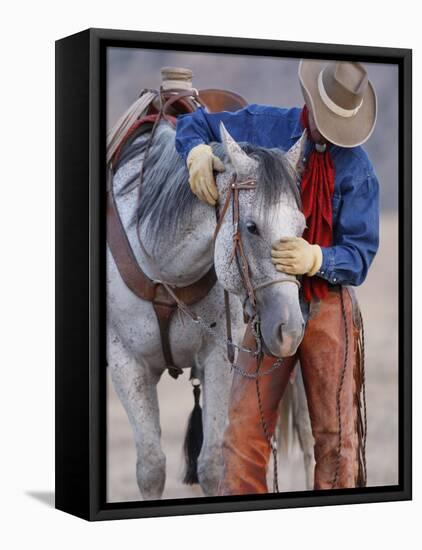 Cowboy Leading and Stroking His Horse, Flitner Ranch, Shell, Wyoming, USA-Carol Walker-Framed Premier Image Canvas