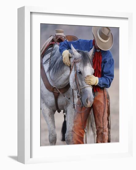 Cowboy Leading and Stroking His Horse, Flitner Ranch, Shell, Wyoming, USA-Carol Walker-Framed Photographic Print