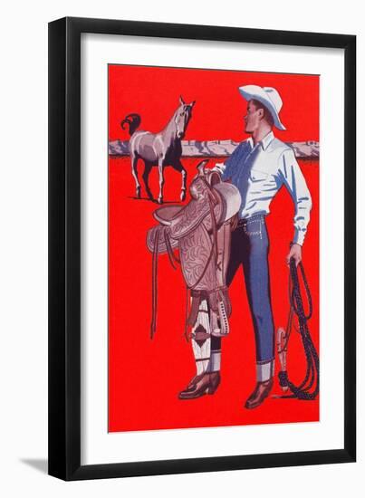 Cowboy Looking to Saddle Horse-null-Framed Art Print