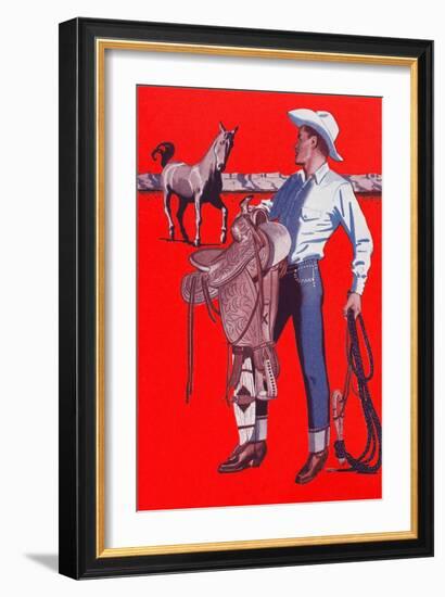 Cowboy Looking to Saddle Horse-null-Framed Art Print