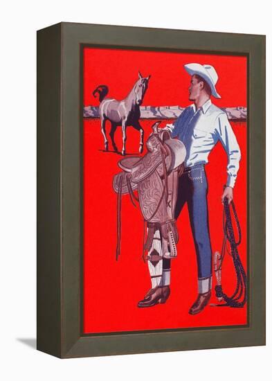 Cowboy Looking to Saddle Horse-null-Framed Stretched Canvas