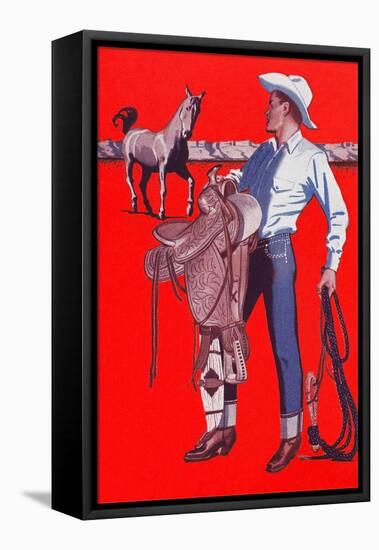 Cowboy Looking to Saddle Horse-null-Framed Stretched Canvas