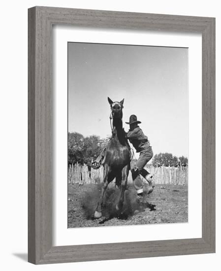 Cowboy Mounting a Horse-Carl Mydans-Framed Photographic Print