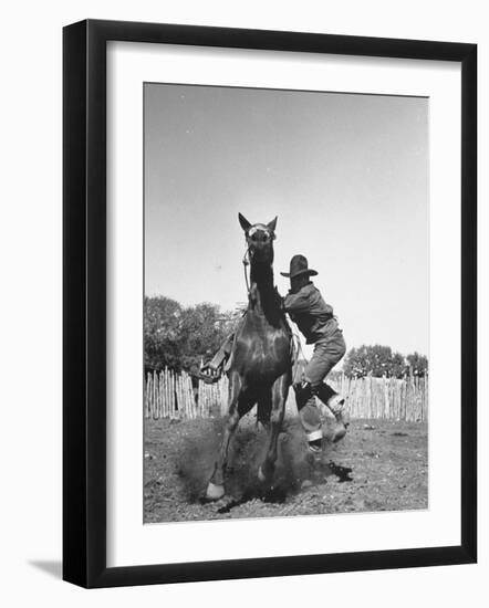 Cowboy Mounting a Horse-Carl Mydans-Framed Photographic Print