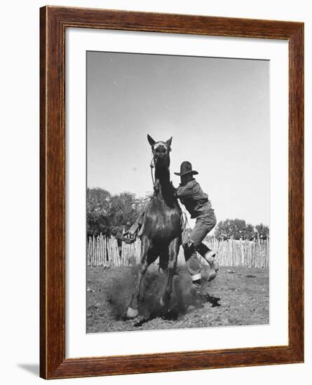 Cowboy Mounting a Horse-Carl Mydans-Framed Photographic Print