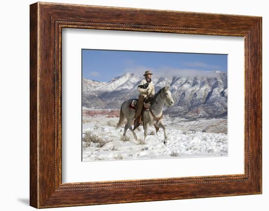 Cowboy On Grey Quarter Horse Trotting In The Snow At Flitner Ranch, Shell, Wyoming-Carol Walker-Framed Photographic Print